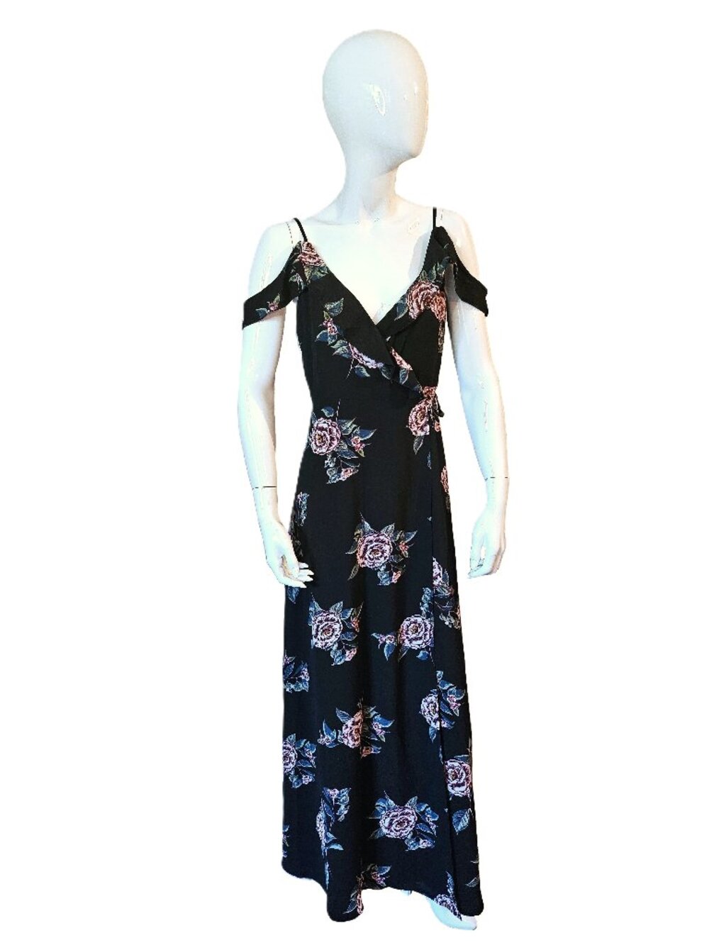 NWT NLW Black & Floral Romantic Boho Off Shoulder Wrap Maxi Dress Size Large